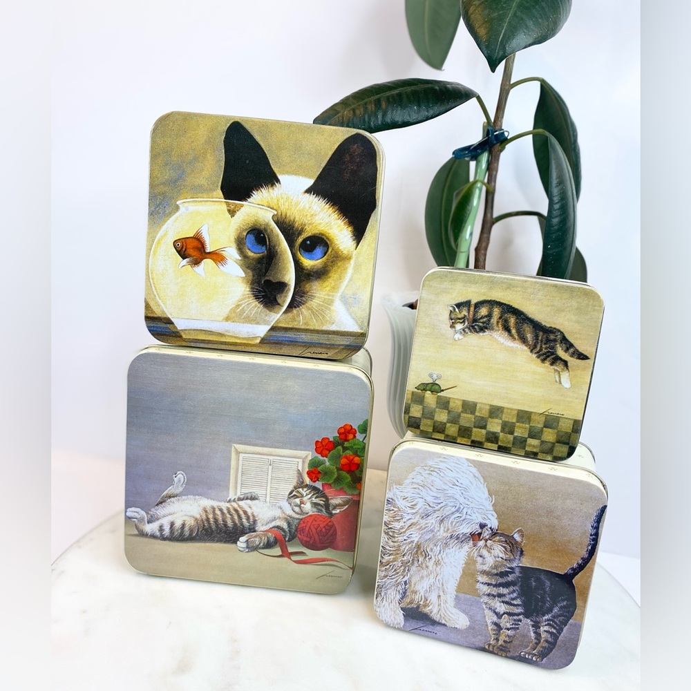 Vintage Tins 1987 Set Cat-Themed Decorative Tin Lowell Herrero Art Home Accents